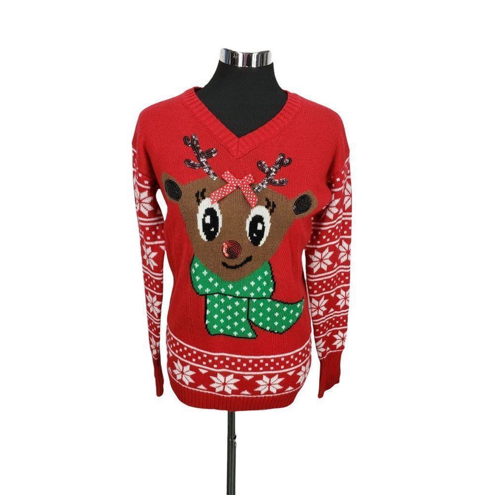 New Directions Reindeer Sequin Ugly Christmas Sweater Red V-Neck Small